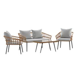 Emma + Oliver - 4PC Rattan Patio Set with Two Chairs, Loveseat, Table & Cushions - Gray Cushions/Natural Frame