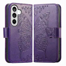 Dteck - Wallet Case for Samsung Galaxy A57, Embossed Butterfly Pattern Leather Card Slots Flip Stand Cover+Strap - Purple