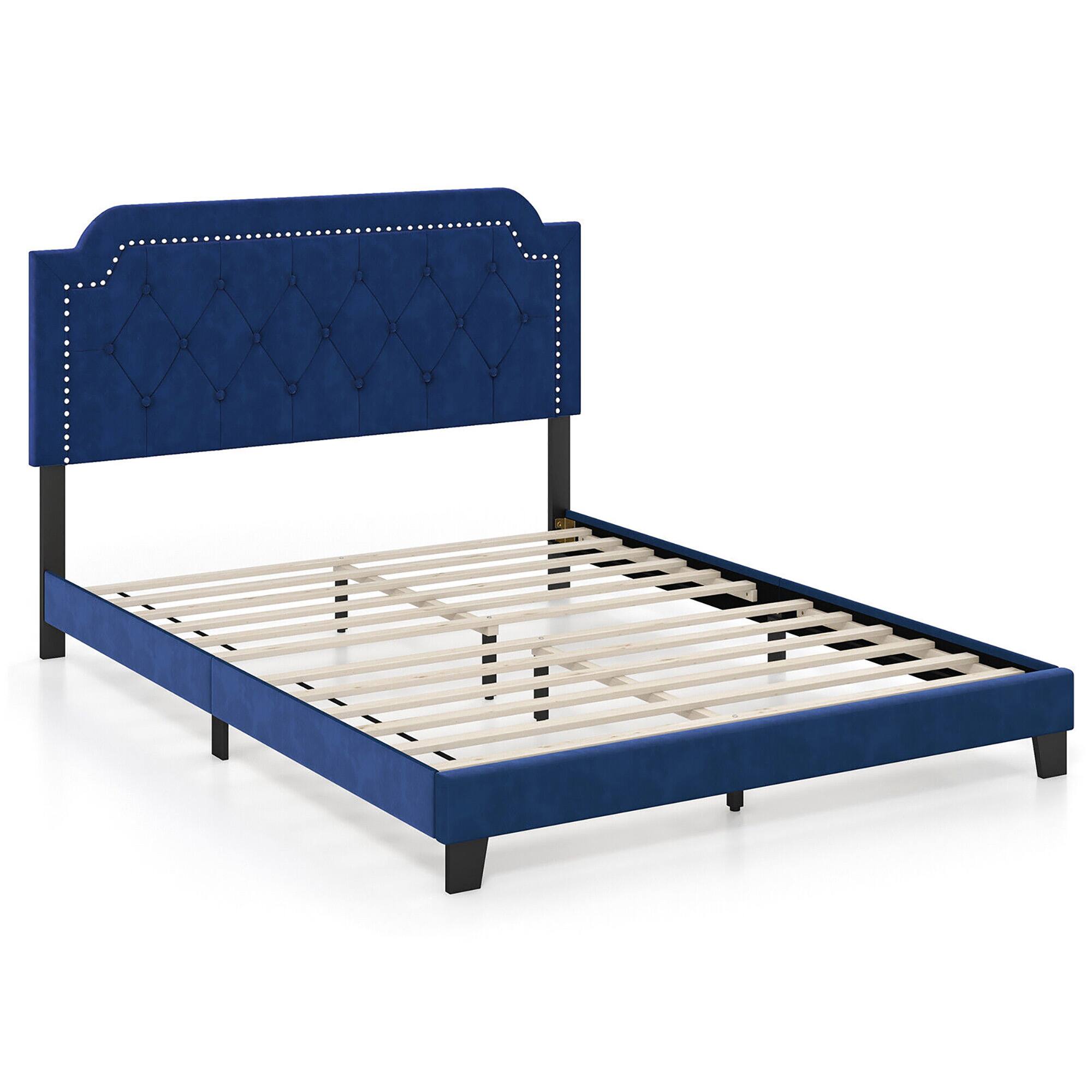 Alt View 9. Gymax - Gymax Queen Size Velvet Platform Bed w/ Button Tufted & Nailhead Trim Headboard - Blue.