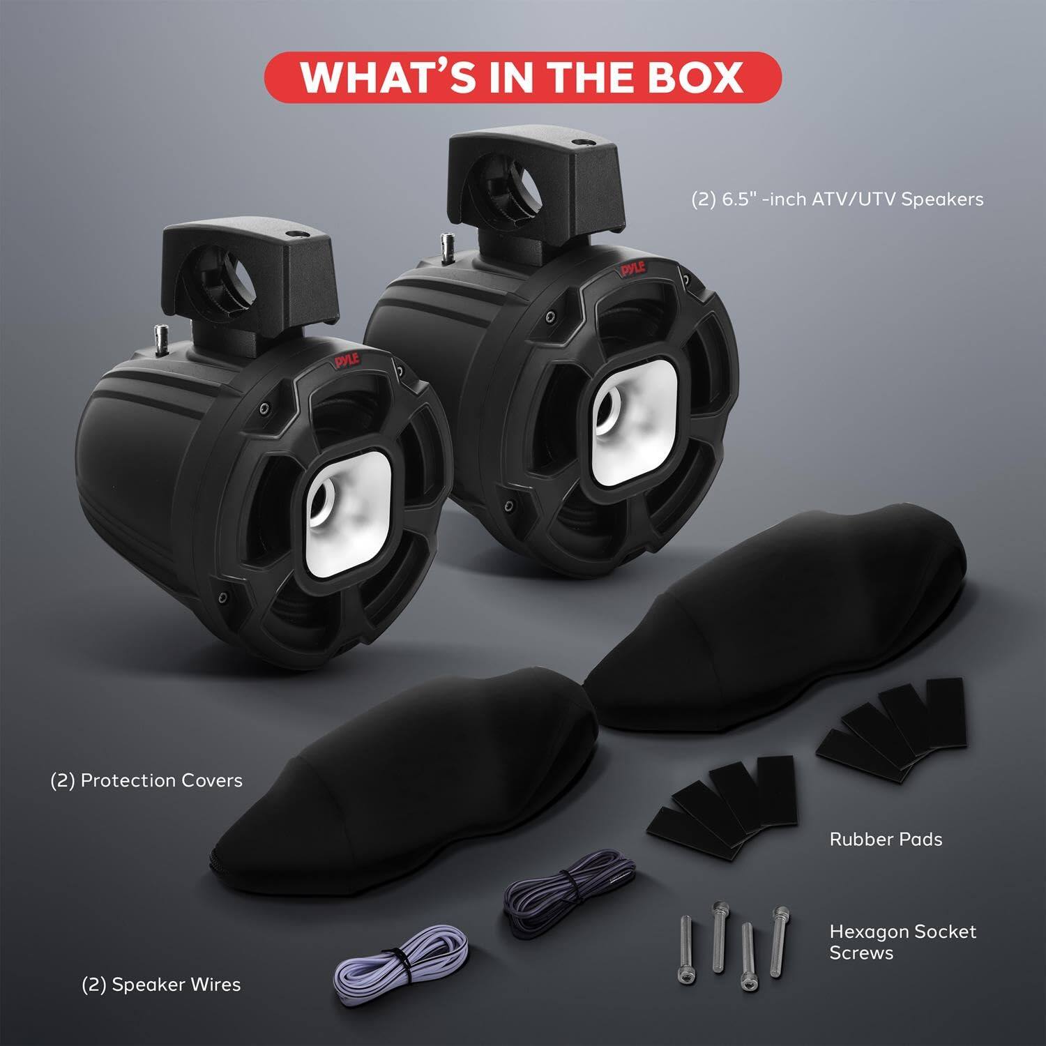WHAT'S IN THE BOX

- (2) 6.5" -inch ATV/UTV Speakers
- (2) Protection Covers
- Rubber Pads
- (2) Speaker Wires
- Hexagon Socket Screws