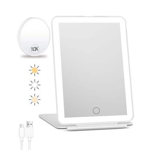 Pacoar Cade - Rechargeable Travel Makeup Mirror With Lighted Beauty Color Lighting Touch Screen Folding Vanity - Snow White With 10x Mirror