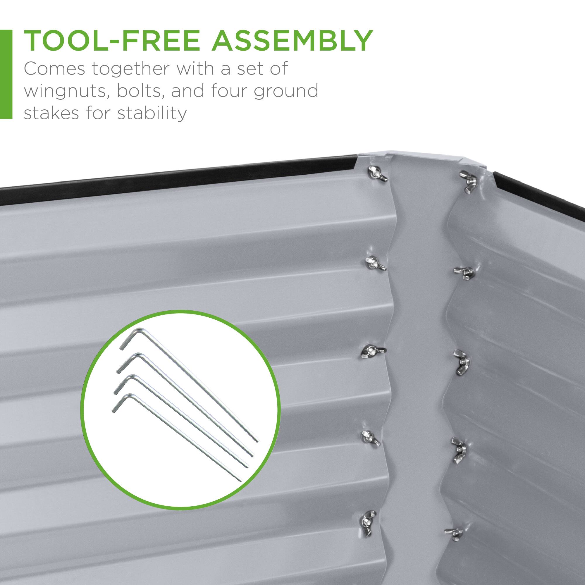 TOOL-FREE ASSEMBLY  
Comes together with a set of wingnuts, bolts, and four ground stakes for stability
