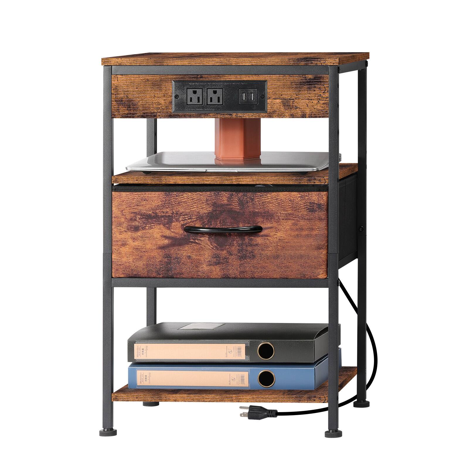 Alt View 2. Oumilen - Nightstand with Charging Station and Fabric Drawer, Rustic Brown - Brown.