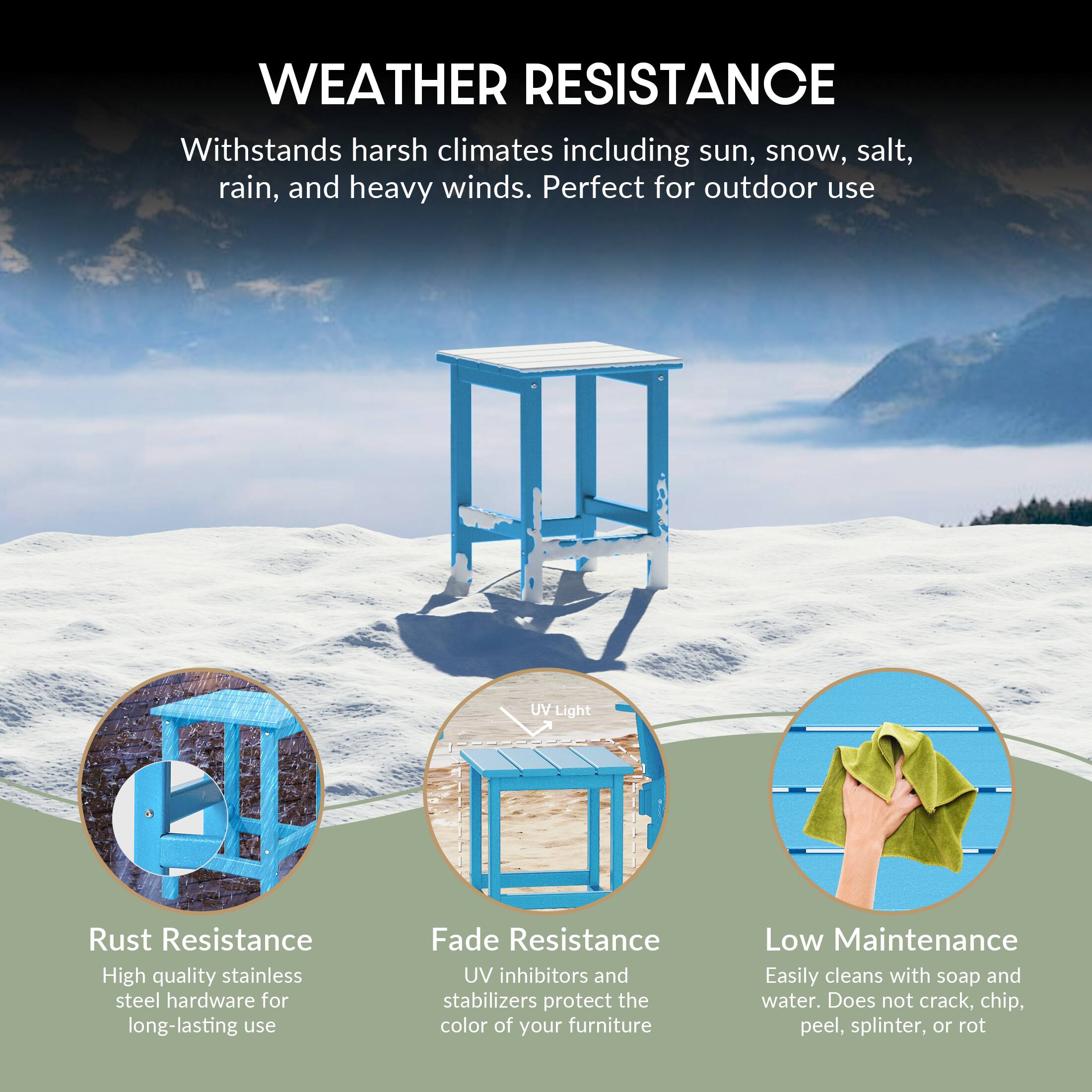 WEATHER RESISTANCE  
Withstands harsh climates including sun, snow, salt, rain, and heavy winds. Perfect for outdoor use.

Rust Resistance  
High quality stainless steel hardware for long-lasting use.

Fade Resistance  
UV inhibitors and stabilizers protect the color of your furniture.

Low Maintenance  
Easily cleans with soap and water. Does not crack, chip, peel, splinter, or rot.