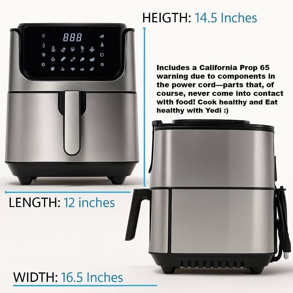 **Dimensions:**
- **Height:** 14.5 inches
- **Length:** 12 inches
- **Width:** 16.5 inches

**Note:** This product includes a California Prop 65 warning due to components in the power cord—parts that, of course, never come into contact with food! Cook healthy and eat healthy with Yedi :)