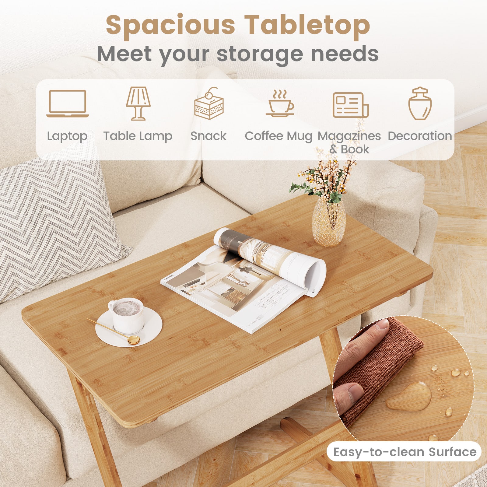 Spacious Tabletop Meet your storage needs Laptop Table Lamp Snack Coffee Mug Magazines Decoration & Book Easy-to-clean Surface