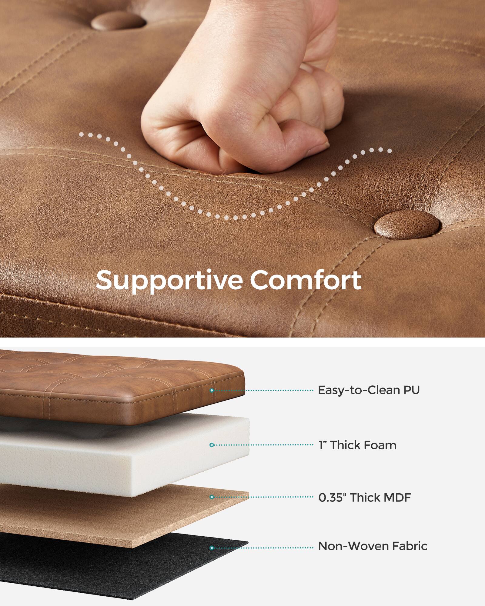 Supportive Comfort

- Easy-to-Clean PU
- 1" Thick Foam
- 0.35" Thick MDF
- Non-Woven Fabric