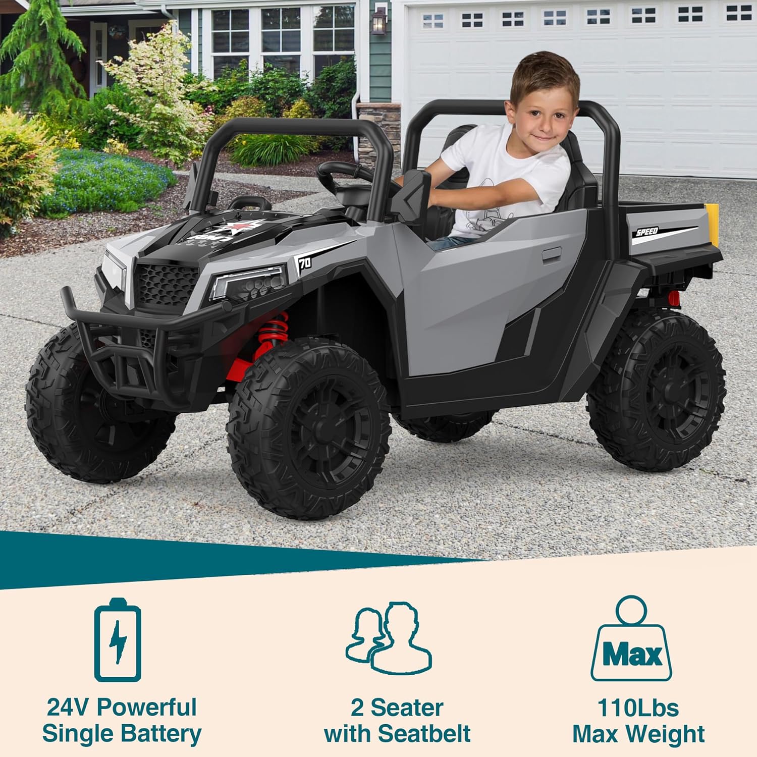 SPEED 70  
Max 24V Powerful Single Battery  
2 Seater with Seatbelt  
110Lbs Max Weight