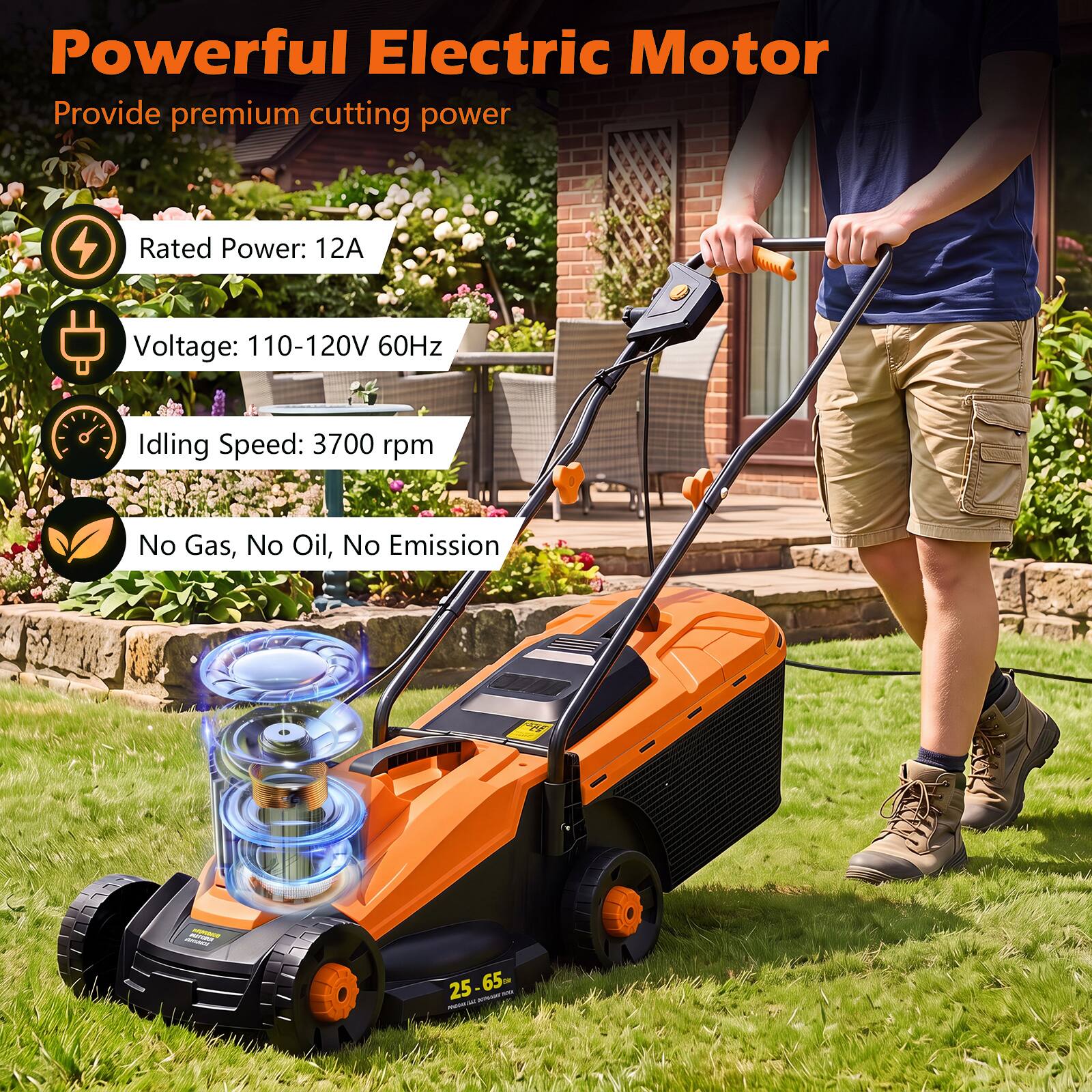 Powerful Electric Motor  
Provide premium cutting power  

Rated Power: 12A  
Voltage: 110-120V 60Hz  
Idling Speed: 3700 rpm  
No Gas, No Oil, No Emission  

25-65m