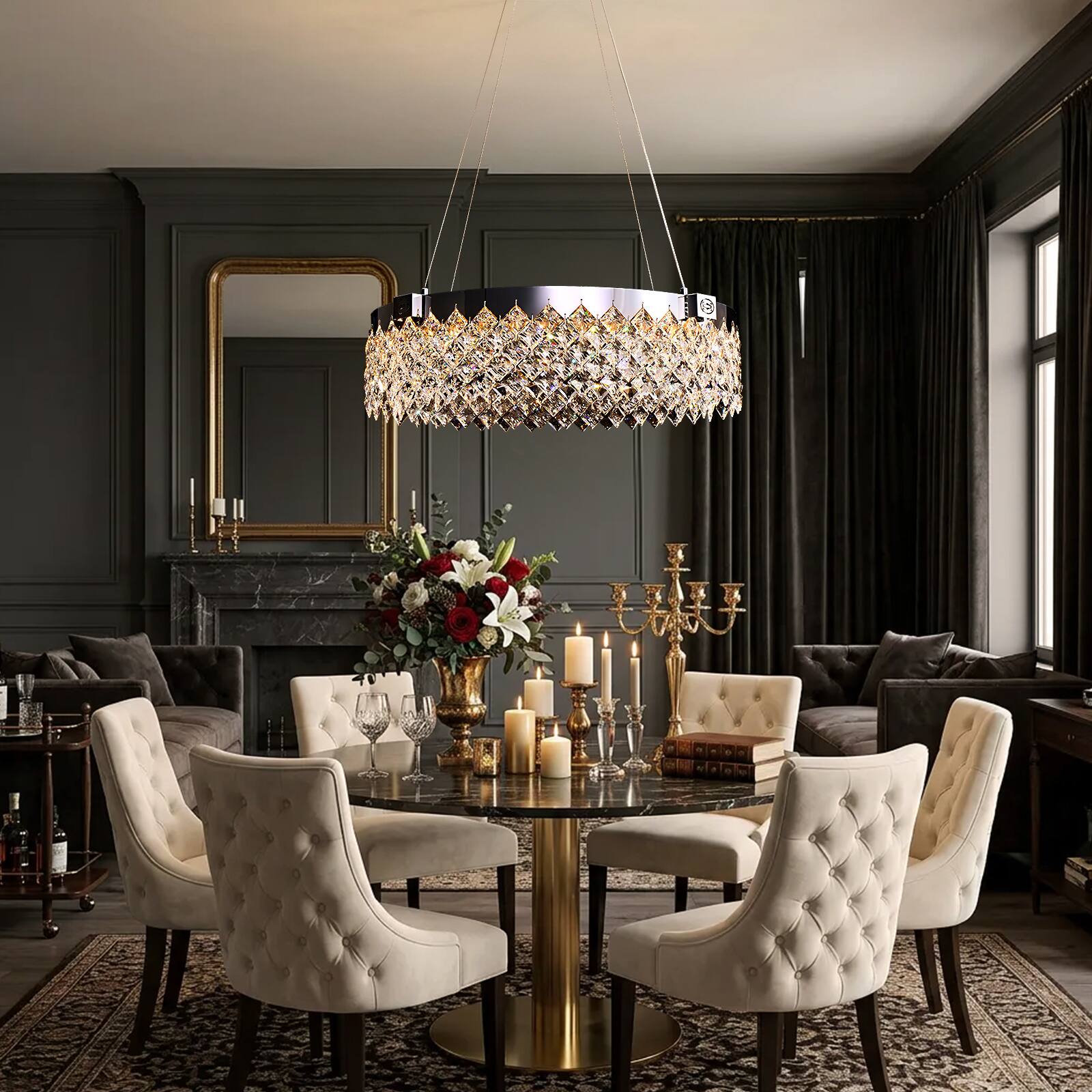 Back. Siljoy - 24-inch Modern Round Alabaster LED Chandelier Dimmable Adjustable Height for Living Room Foyer and Bedroom - Chrome.