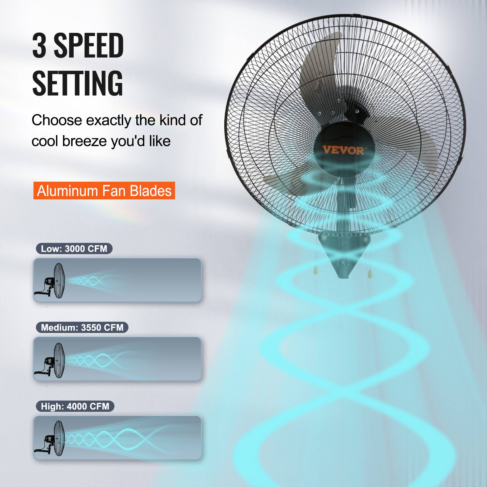 3 SPEED SETTING
Choose exactly the kind of cool breeze you'd like
VEVOR Aluminum Fan Blades
Low: 3000 CFM
Medium: 3550 CFM
High: 4000 CFM