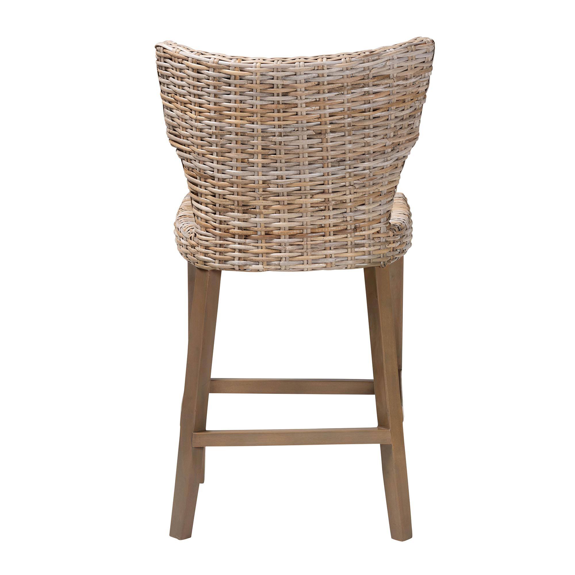 Back. bali & pari - Enver Modern Bohemian Kubu Rattan and Mahogany Wood Counter Stool - Kubu Grey/Rustic Taupe.