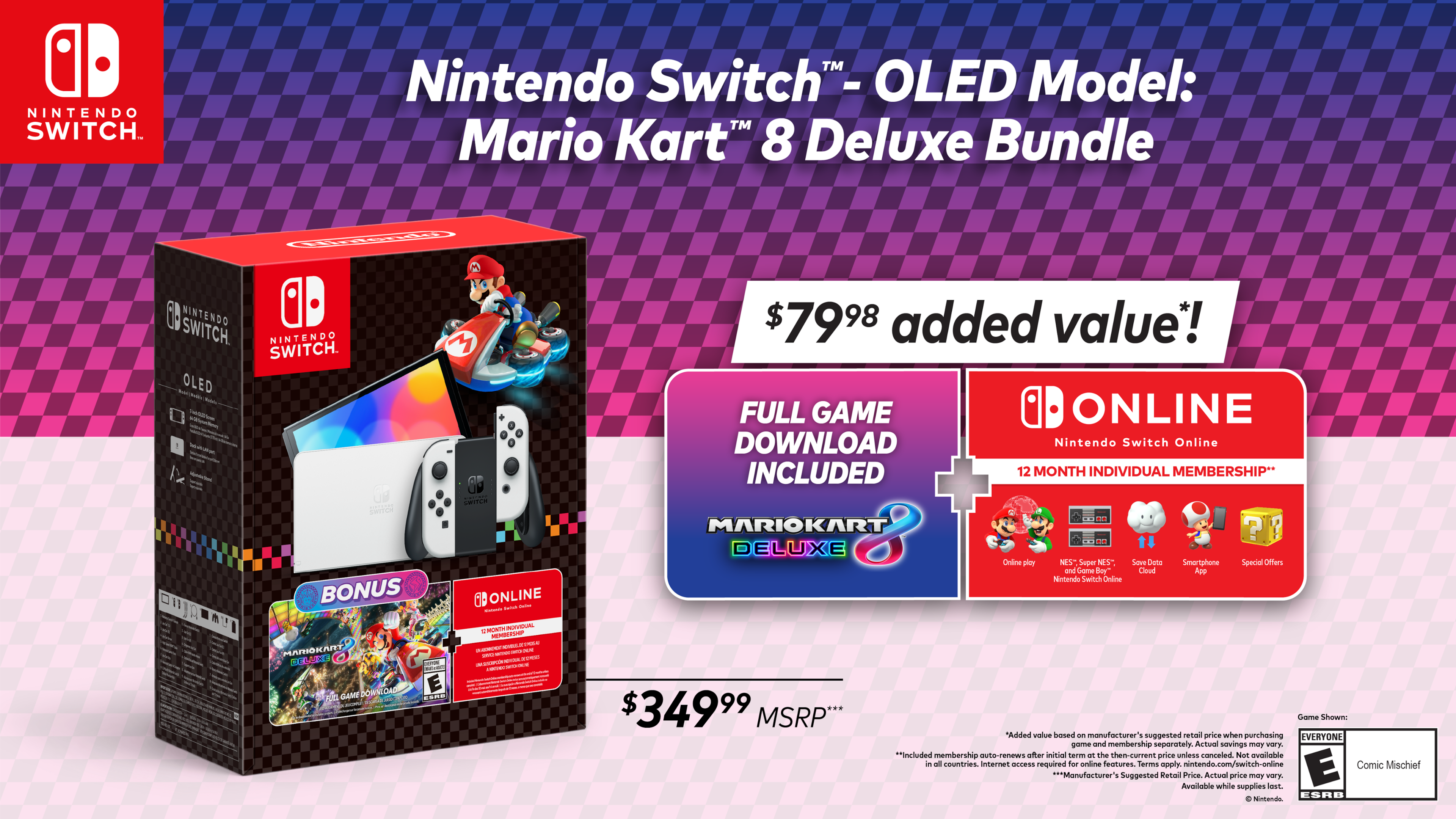 Nintendo Switch - OLED Model: Mario Kart 8 Deluxe Bundle - $79.98 added value! Full game online download included with 12-month individual membership* - Mario Kart 8 Deluxe or another game download included - everyone game and membership separately - actual savings may vary - manufacturer suggested retail price - actual savings may vary - terms apply at nintendo.com/switch-online - comic mischief.