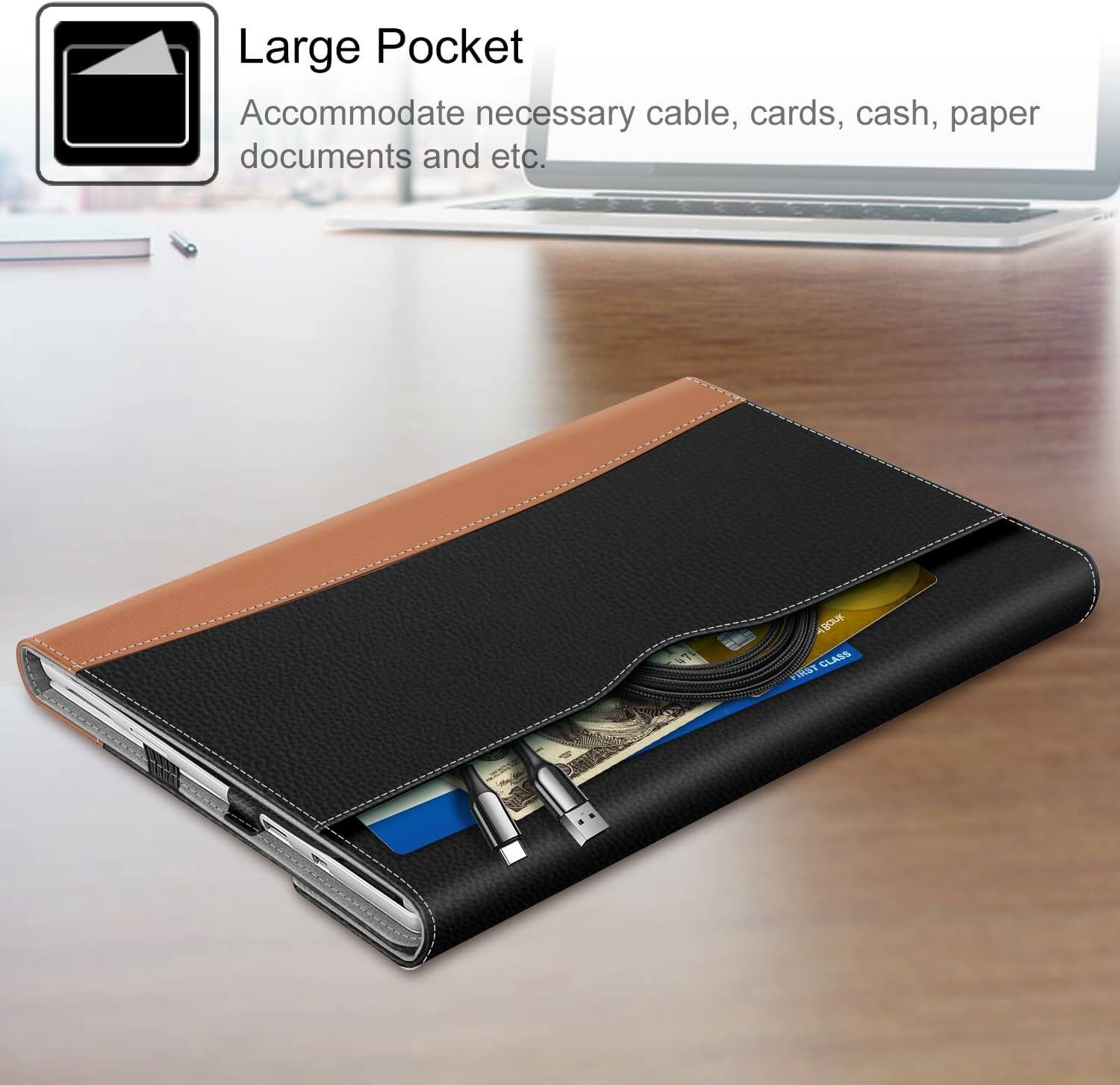 Large Pocket  
Accommodate necessary cable, cards, cash, paper documents and etc.