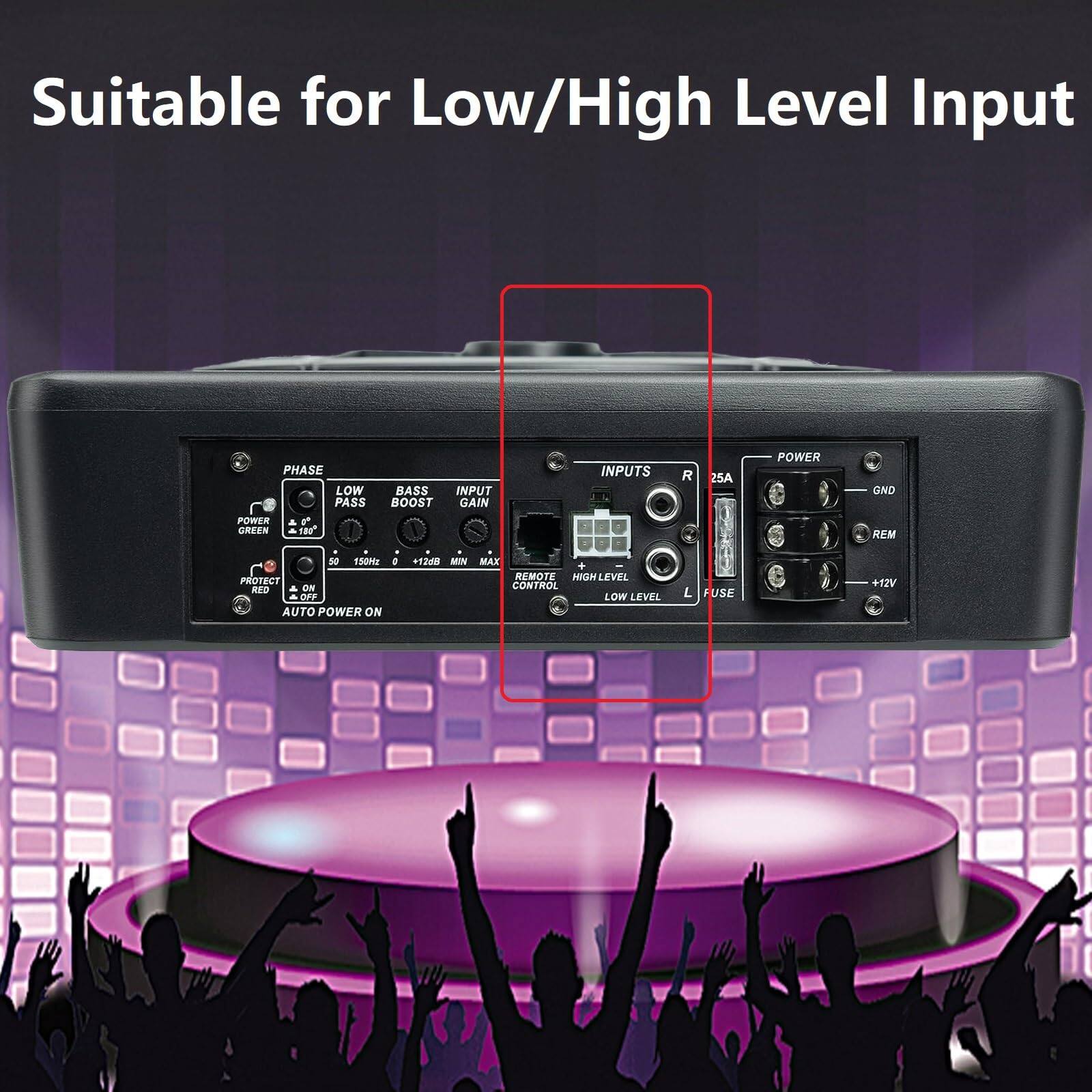 Suitable for Low/High Level Input

PHASE  
LOW PASS  
BASS  
INPUT  
POWER  
GND  
RFM  
10  
1SO  
PROTECT  
ON  
OFF  
AUTO POWER ON  
4  
+128  
MN  
MAX  
REMOTE  
HIGH LEVEL CONTROL  
LOW LEVEL  
+12V