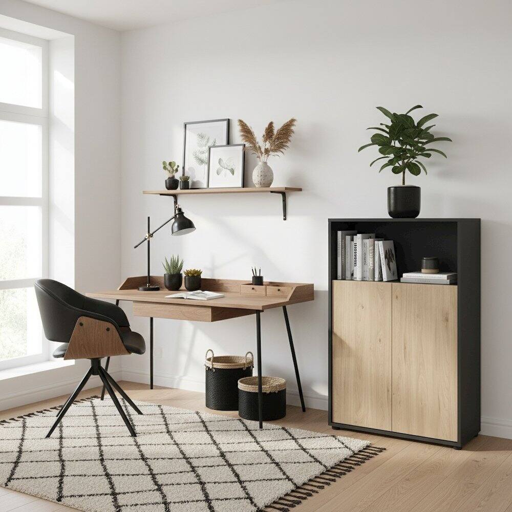 Left. FurniFact - Bookcase with 3 Shelves and 2 Doors for Home or Office Storage - Gray.