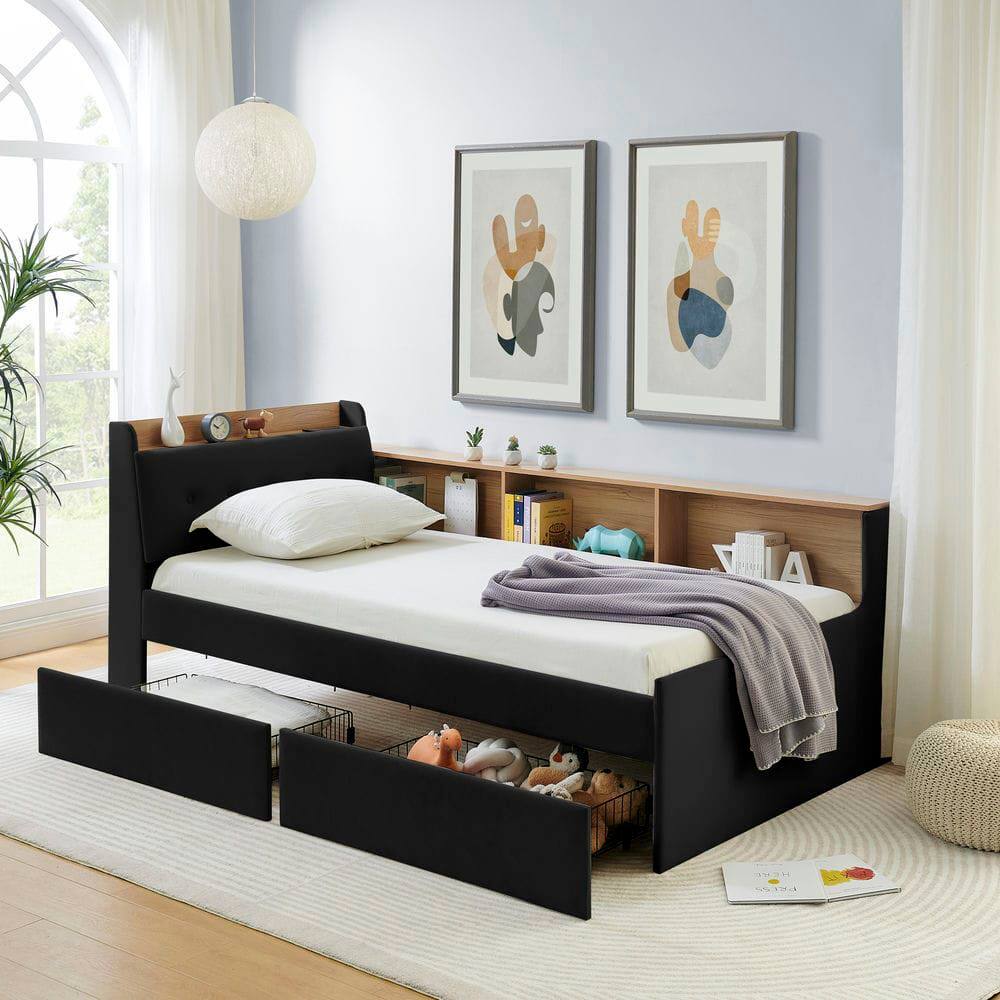 Back. Kadyn - Twin Size Upholstered Velvet Daybed with Storage Headboard, Wireless Charging, 2 Drawers & LED Lights - Black.
