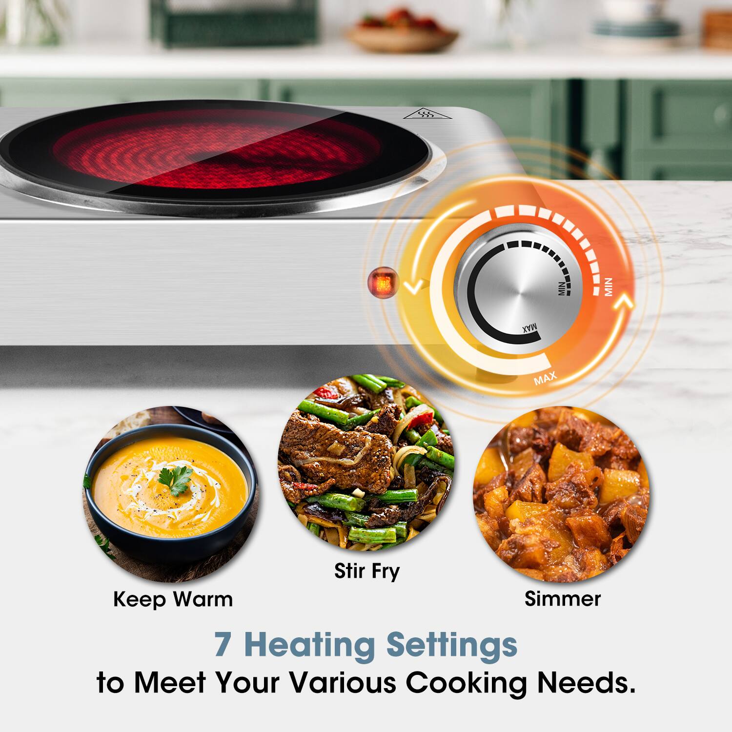 35 MIN MIN MAX MAX bete Stir Fry Keep Warm Simmer 7 Heating Settings to Meet Your Various Cooking Needs.

Corrected:
35 MIN MIN MAX MAX bete Stir Fry Keep Warm Simmer 7 Heating Settings to Meet Your Various Cooking Needs.
