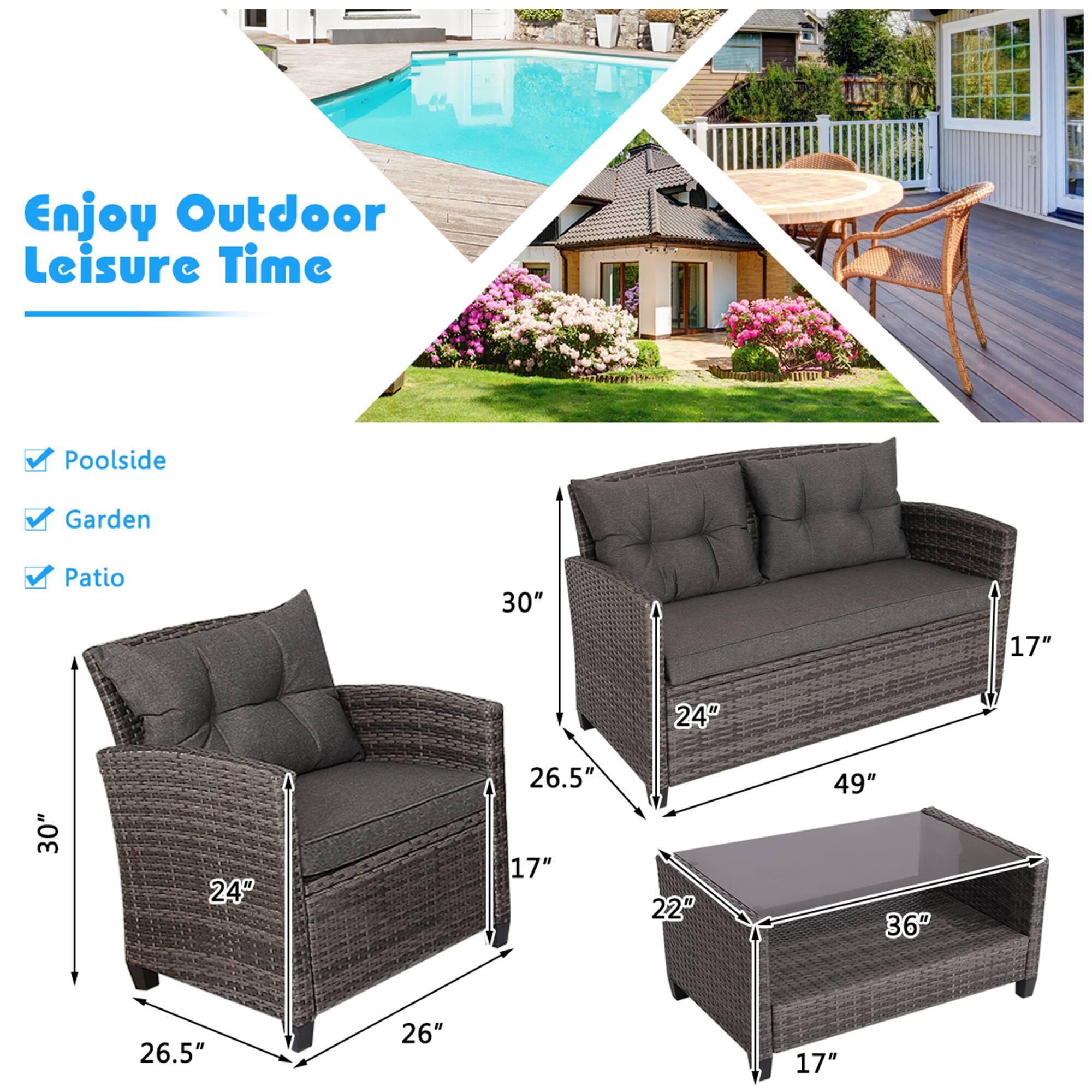 Enjoy Outdoor Leisure Time

- Poolside
- Garden
- Patio

Dimensions:
- 30" x 24" x 26.5" x 17" x 26"
- 49" x 36" x 22" x 17"