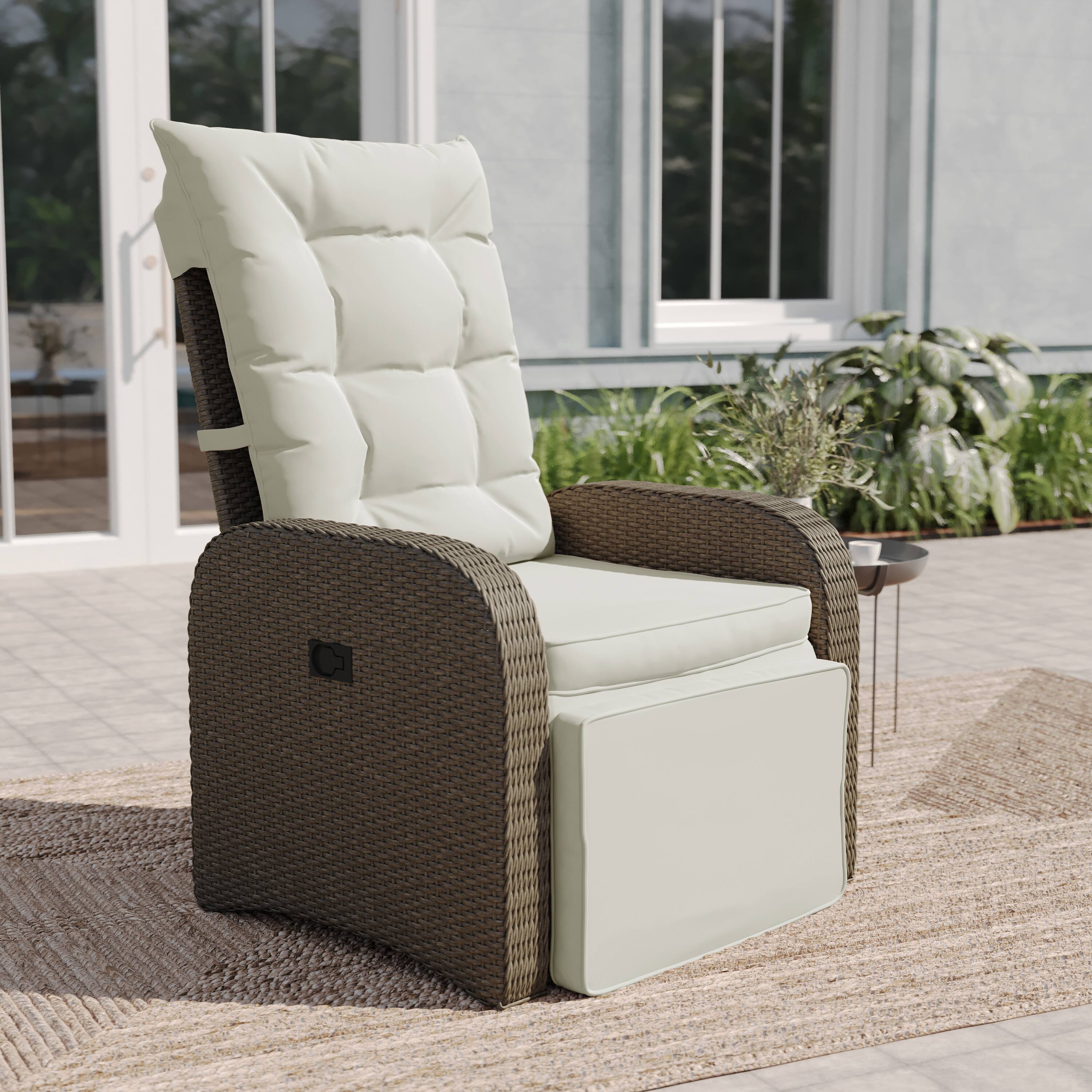 Alt View 1. Emma + Oliver - Aritzo Wicker Rattan Patio Recliner Lounge Chair with Side Flip-Up Table for Indoor/Outdoor Use - Beige Cushions/Brown Frame.