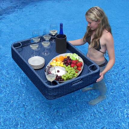 Front. SUNJOY - Sunjoy Wicker Floating Pool Tray 36x24'' Durable & Sturdy Accessory Tray for Drinks, Snacks Fits Most Pool Sizes -Navy.