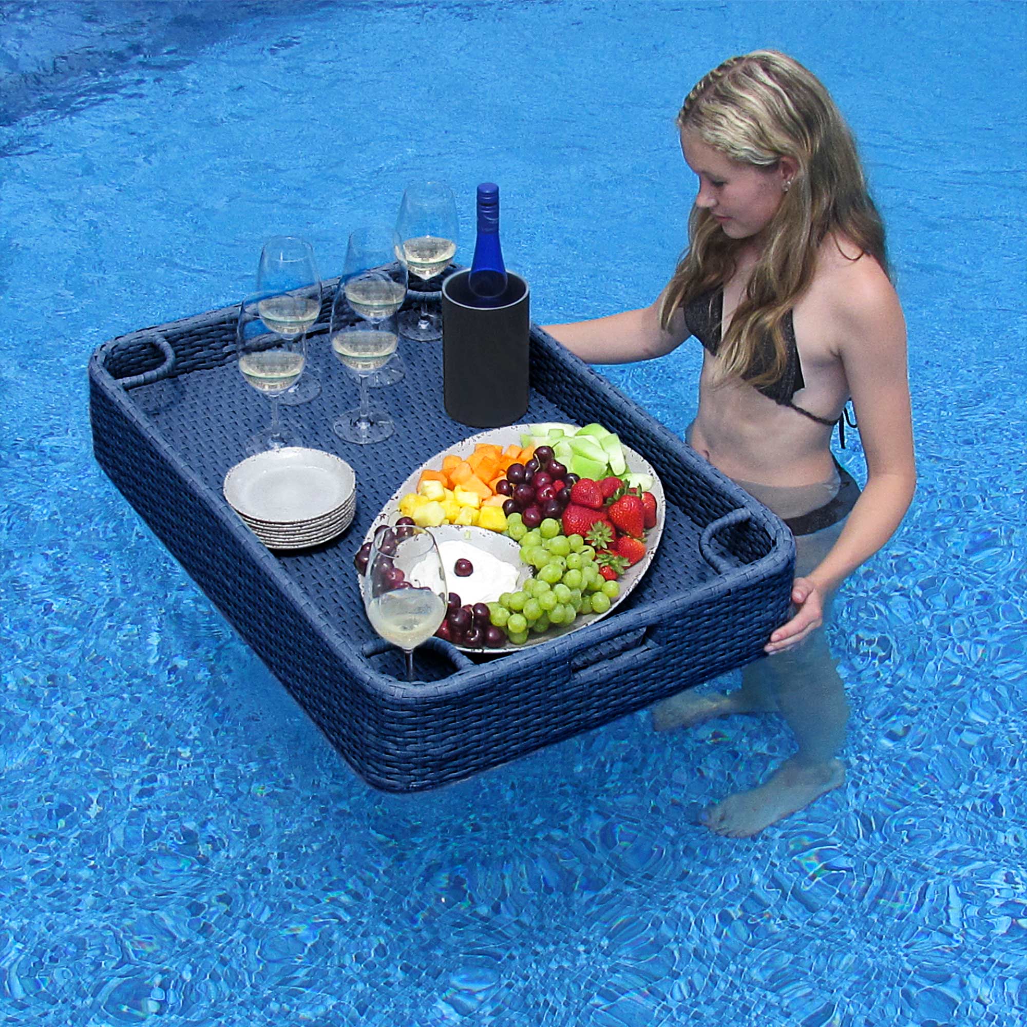 Front. SUNJOY - Sunjoy Wicker Floating Pool Tray 36x24'' Durable & Sturdy Accessory Tray for Drinks, Snacks Fits Most Pool Sizes -Navy.