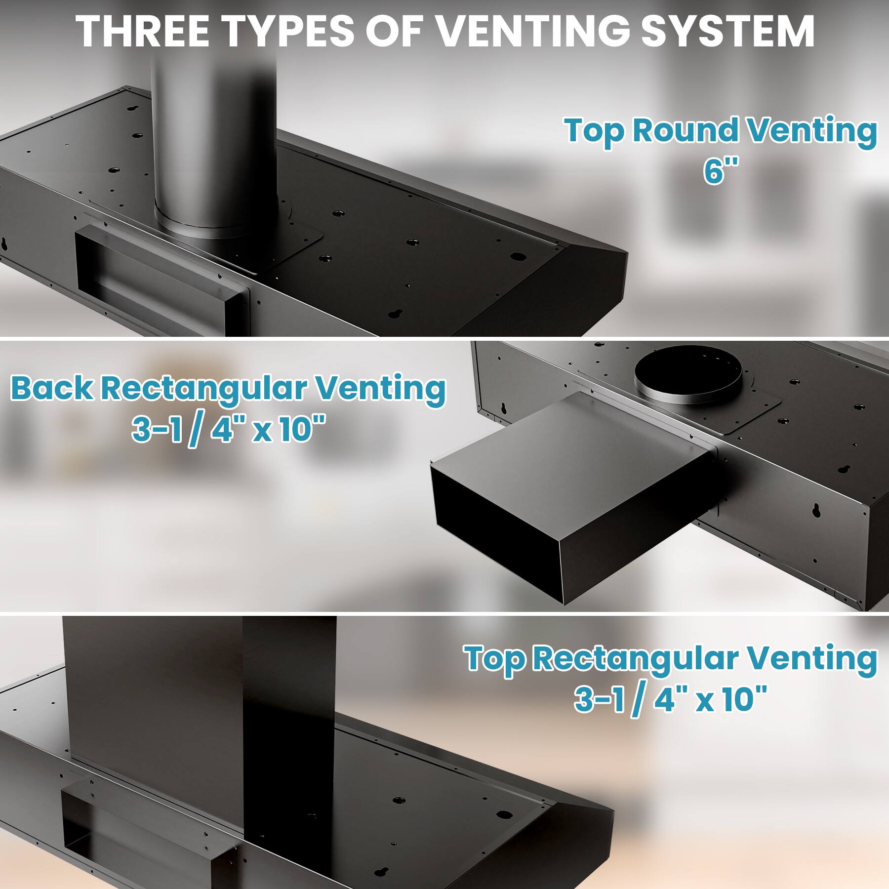 THREE TYPES OF VENTING SYSTEM

Top Round Venting 6"

Back Rectangular Venting 3-1/4" x 10"

Top Rectangular Venting 3-1/4" x 10"