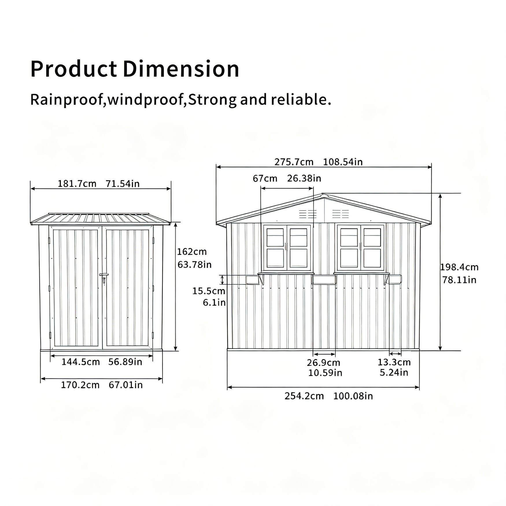 Product Dimension  
Rainproof, windproof, Strong and reliable.  

- 275.7cm 108.54in  
- 181.7cm 71.54in  
- 67cm 26.38in  
- 162cm 63.78in  
- 15.5cm 6.1in  
- 198.4cm 78.11in  
- 144.5cm 56.89in  
- 170.2cm 67.01in  
- 26.9cm 10.59in  
- 13.3cm 5.24in  
- 254.2cm 100.08in