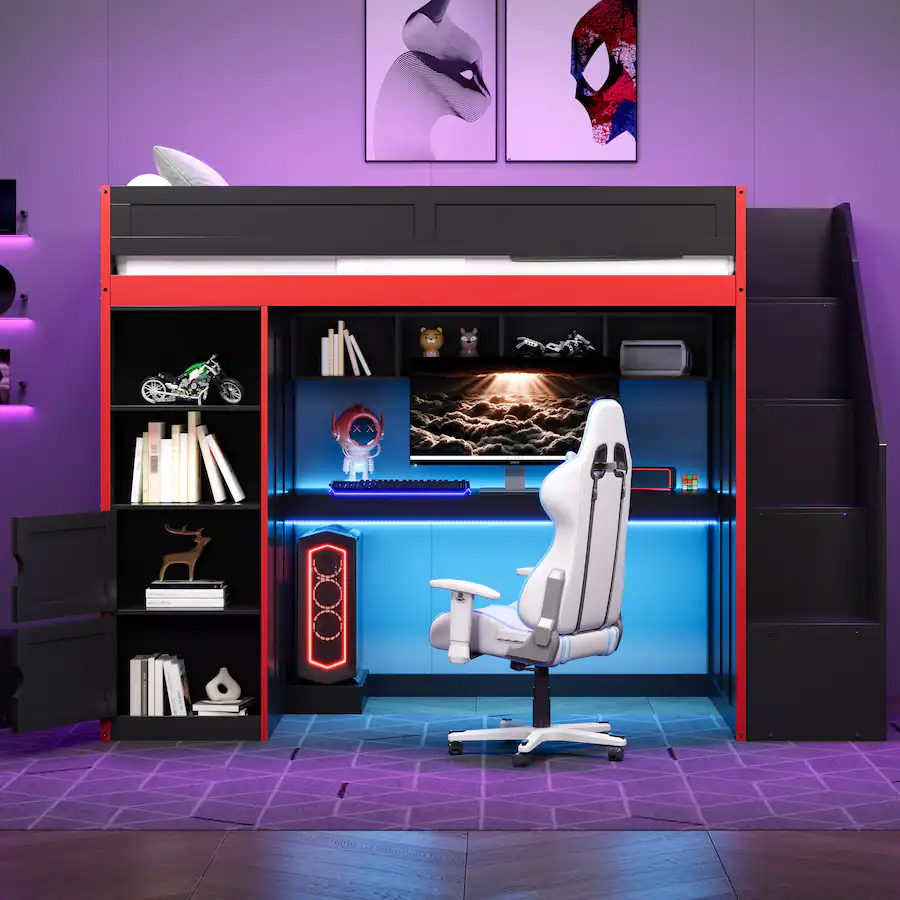 Anysun Twin Size Gaming Loft Bed with LED Lights, Built in Desk ...