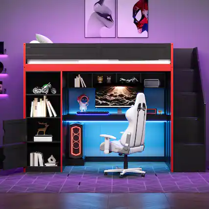 Front. Anysun - Twin Size Gaming Loft Bed with LED Lights, Built-in Desk & Storage, Space-Saving Bed for Kids or Gaming Room - Black.