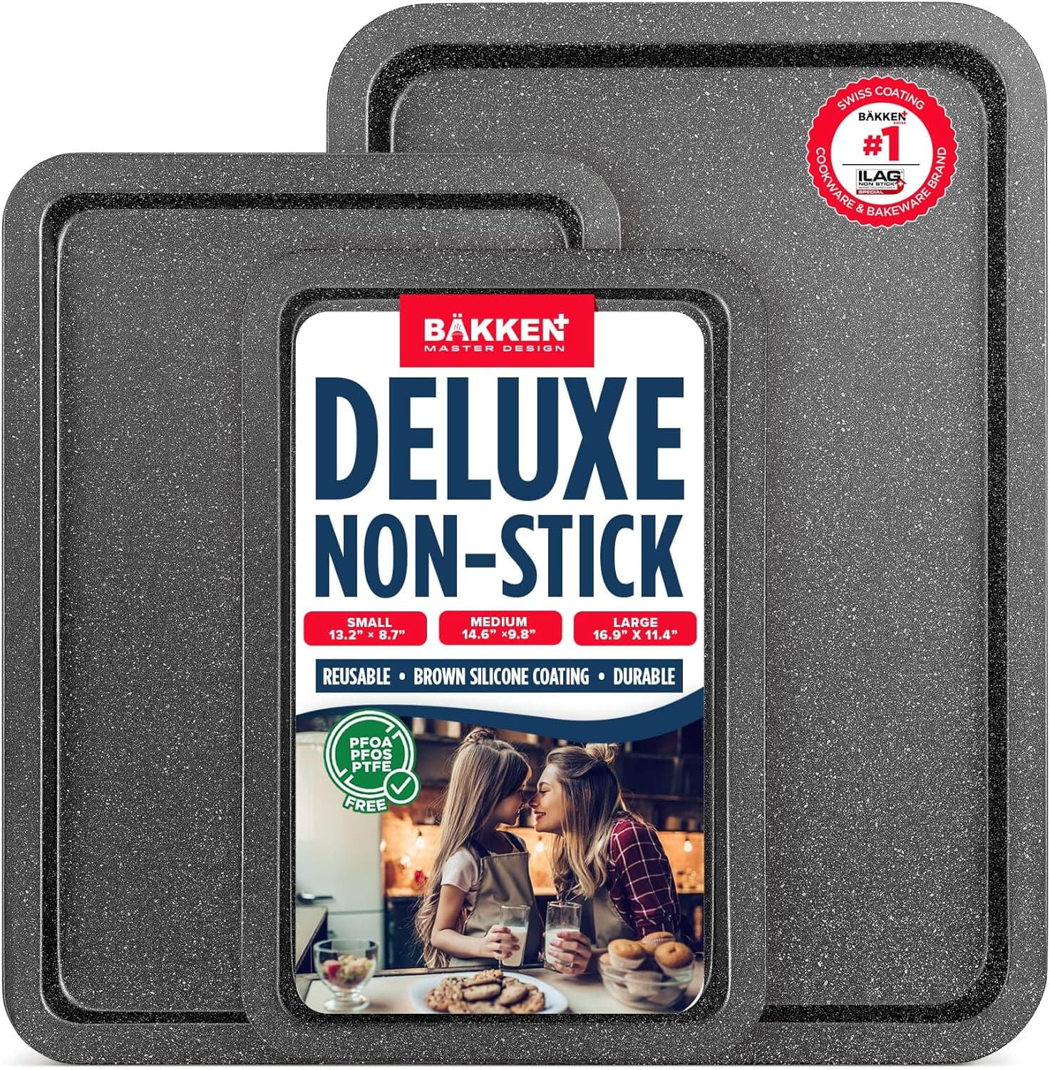 Bakken- Swiss - BAKKEN 3-Piece Baking Pan Set – Nonstick Trays, Stackable, PFOA PFOS PTFE Free, Oven Safe 450°F - Gray Marble