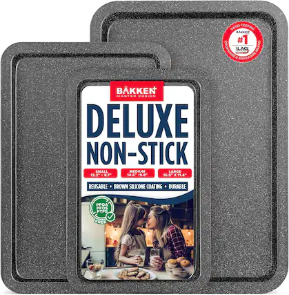 SWISS COATING BAKKEN #1 COOKWARE & BAKEWARE BKKEN MASTER DESIGN DELUXE NON-STICK SMALL MEDIUM LARGE 13.2" x 8.7" 14.6" x 9.8" 16.9" x 11.4" REUSABLE BROWN SILICONE COATING DURABLE PFOA PFOS PTFE FREE