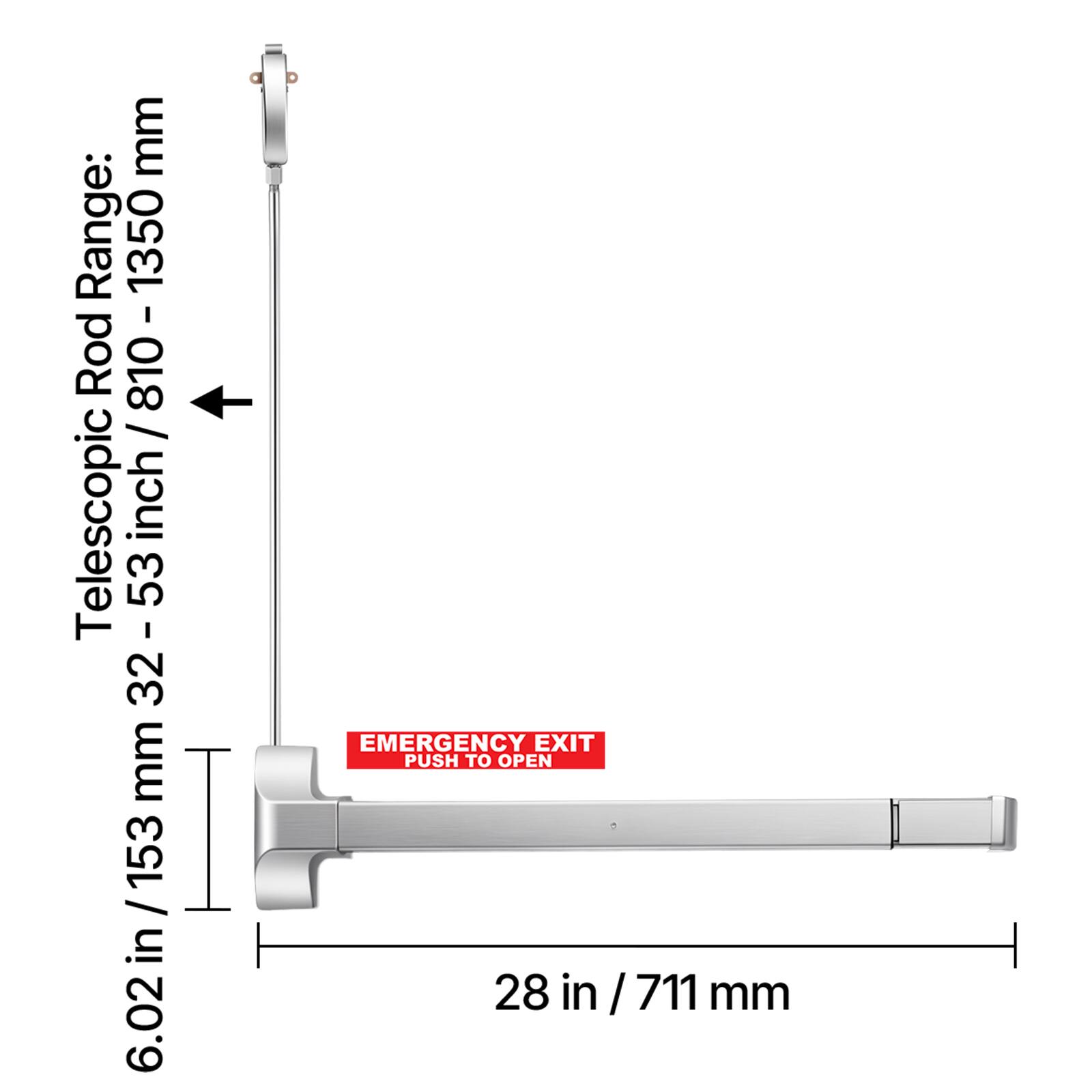 mm Range: 810 - 1350  
Telescopic Rod: 810 / 53 32 - 53 32 mm / 153 in / 6.02 in  
Emergency Exit Push to Open  
28 in / 711 mm