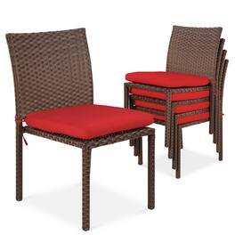 Best Choice Products - Set of 4 Stackable Outdoor Patio Wicker Chairs w/ Cushions, UV-Resistant Finish - Brown/ Red - Brown/Red
