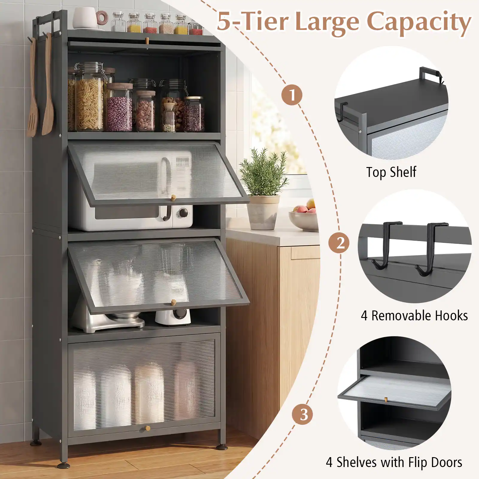 5-Tier Large Capacity

1. Top Shelf
2. 4 Removable Hooks
3. 4 Shelves with Flip Doors