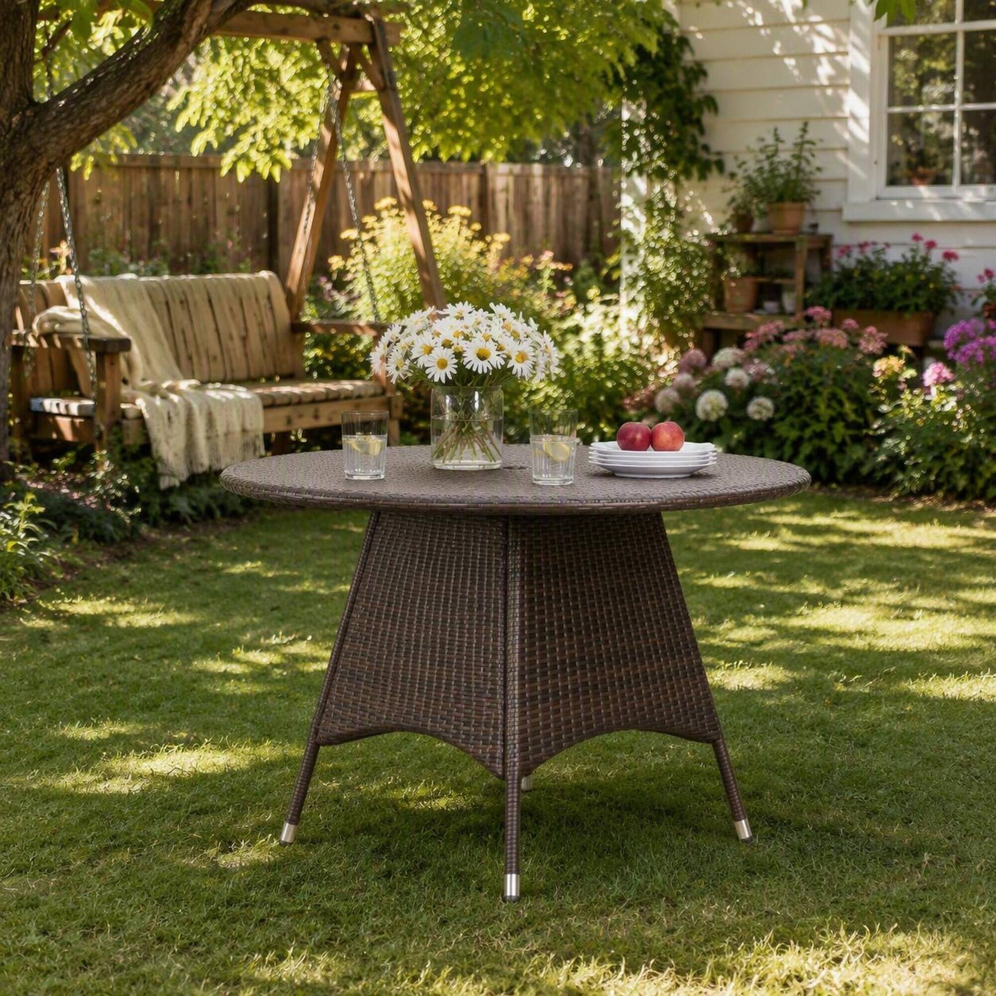 Alt View 2. RYHNUYNE - Dark Brown Wicker Round Patio Dining Table,Weather Resistant Rattan Outdoor Furniture for Garden Deck Porch - Brown.