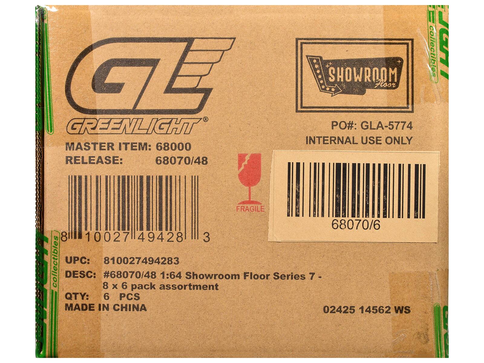 - **Brand:** Greenlight Collectibles
- **Master Item:** 68000
- **Release:** 68070/48
- **PO#:** GLA-5774
- **Internal Use Only**
- **Fragile**
- **UPC:** 810027494283
- **Description:** #68070/48 1:64 Showroom Floor Series 7 - 8 x 6 pack assortment
- **Quantity:** 6 PCS
- **Made in China**
- **Barcode:** 810027494283
- **Additional Code:** 68070/6
- **Other Codes:** 02425 14562 WS