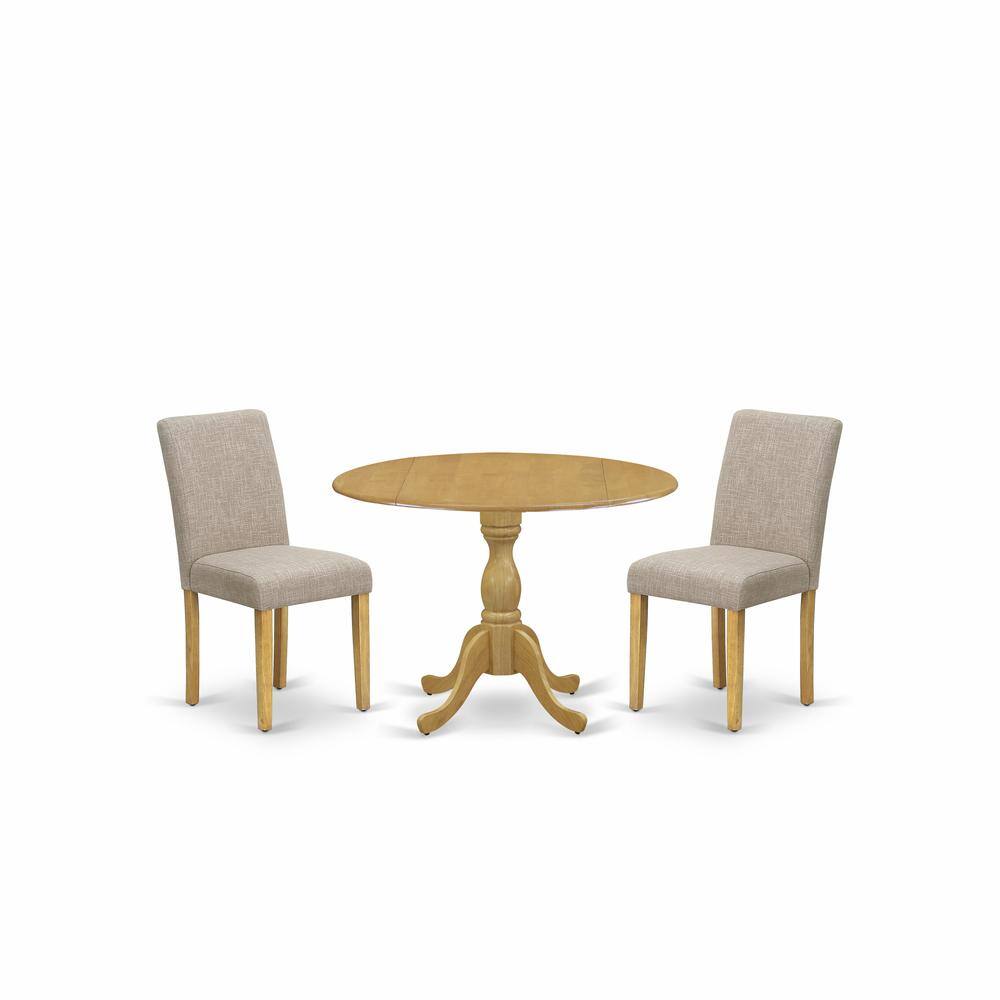 Left. East West Furniture - East West Furniture DMAB3-OAK-04 3 Piece Dining Table Set - Oak Small Dining Table and 2 Light Tan Linen Fabric Modern - Oak.