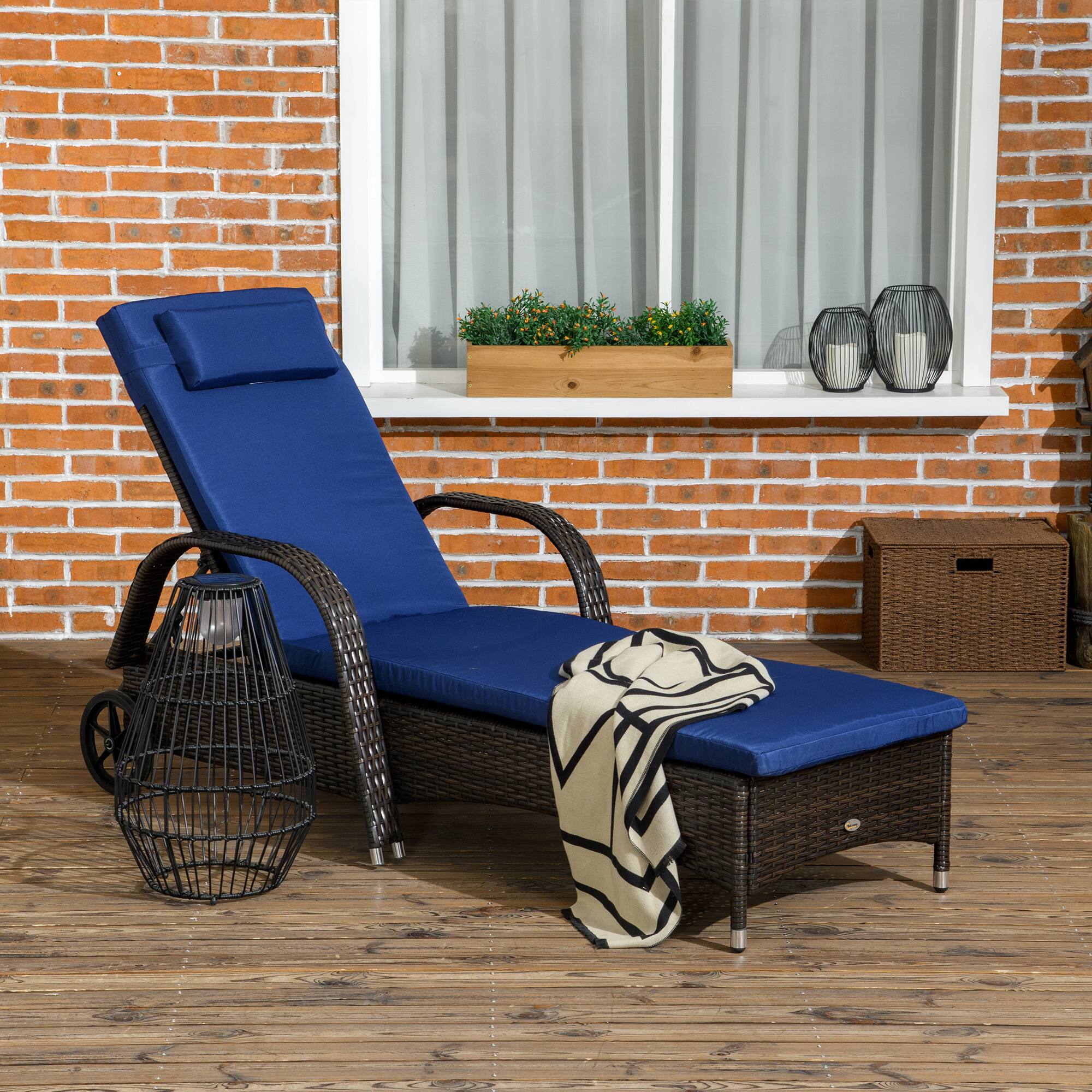 Alt View 1. Outsunny - Wicker Outdoor Chaise Lounge, 5-Level Adjustable Backrest PE Rattan Pool Lounge Chair with Wheels - Brown,  Dark Blue.