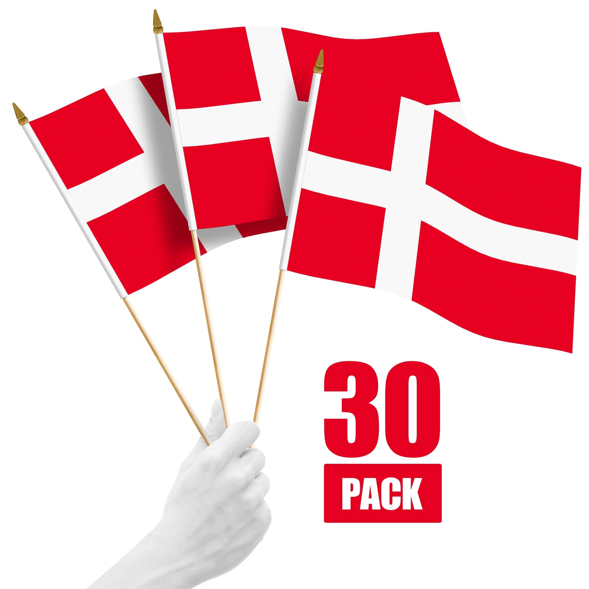 G128 - 30 Pack Handheld Denmark Stick Flags, 12 x 18 in, 150D Polyester with Wooden Stick and Gold Spear Tip - Assorted Colors