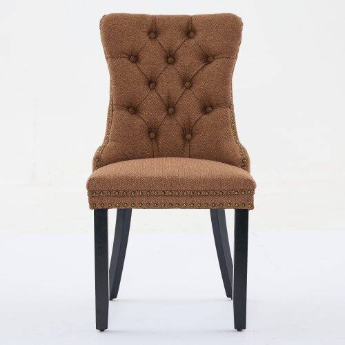 Angle. LUCKY ONE - Assembled Tufted Linen Dining Chair Set of 2 with Wood Legs Nailhead Trim High Back - Coffee.