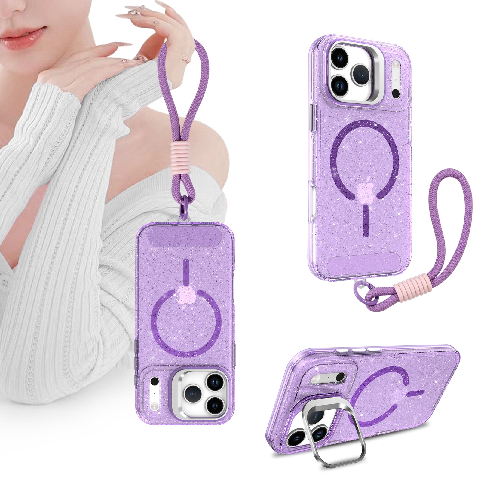 Dteck - Glitter Magnetic Case for Apple iPhone 17 Pro,Shockproof Rugged Hidden Lens Kickstand Phone Cover with Wrist Strap - Purple