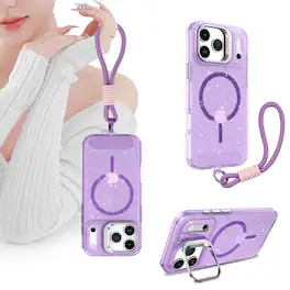 Dteck - Glitter Magnetic Case for Apple iPhone 17 Pro,Shockproof Rugged Hidden Lens Kickstand Phone Cover with Wrist Strap - Purple