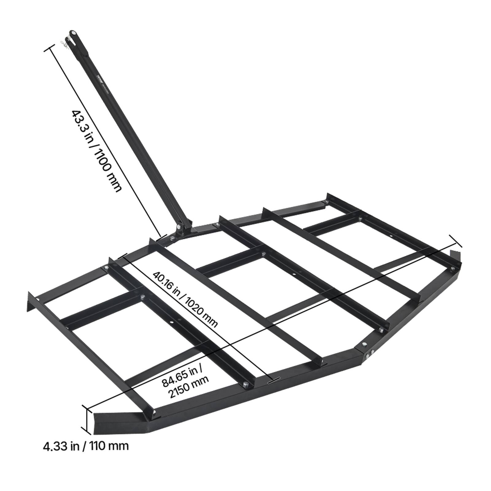 43.3 in / 1100 mm, 40.16 in / 1020 mm, 84.65 mm / 2150 mm, 4.33 in / 110 mm