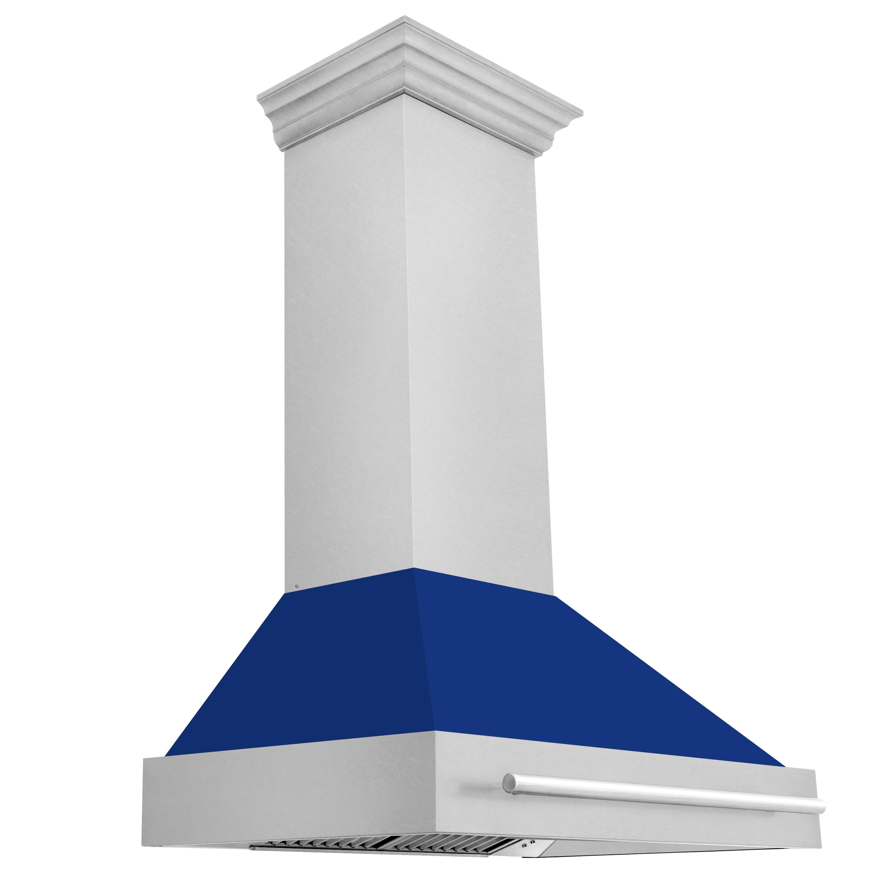 Left. ZLINE - ZLINE 30 in. Ducted Satin Stainless Steel Wall Mount Range Hood with Blue Gloss Shell - Silver.