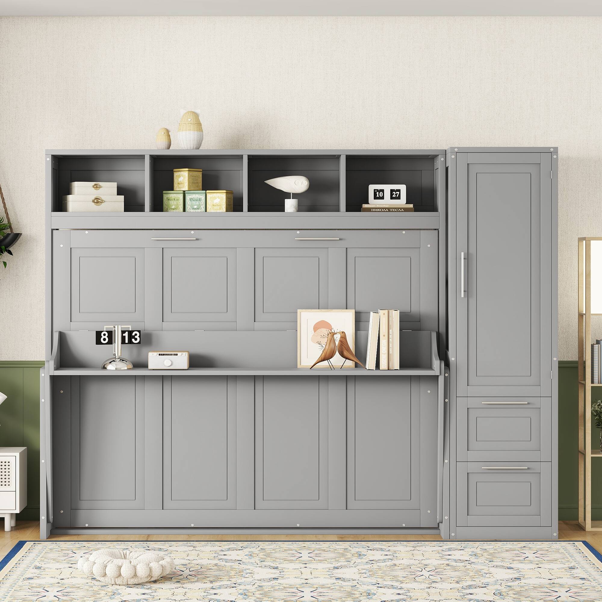 Angle. Tiramisubest - Queen Size Murphy Bed with Closet and Drawers, Gray (112" L x 65" W x 79" H, 331 lbs) - Gray.
