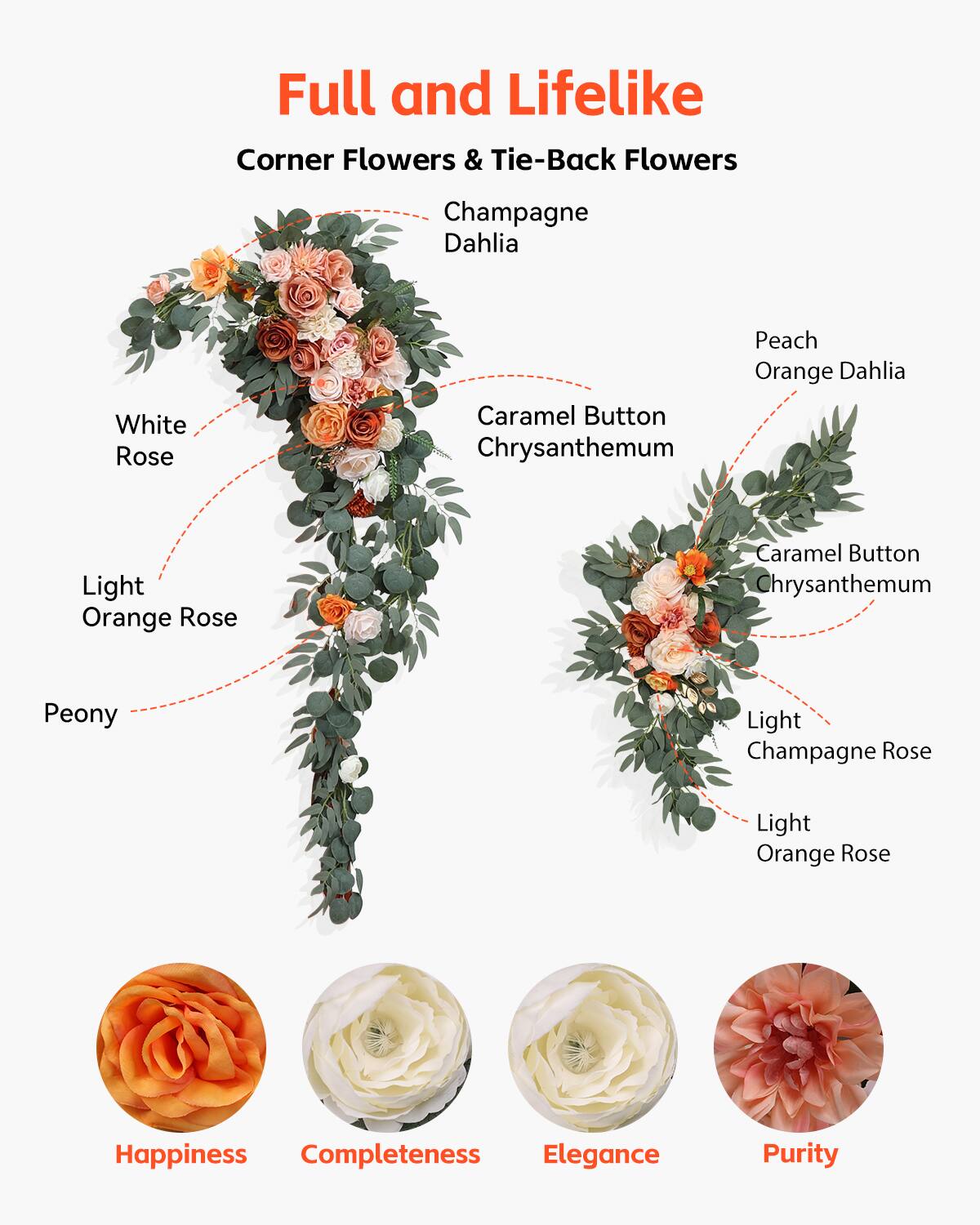 Full and Lifelike  
Corner Flowers & Tie-Back Flowers  
- Champagne Dahlia  
- White Rose  
- Peach Orange Dahlia  
- Caramel Button Chrysanthemum  
- Light Orange Rose  
- Caramel Button Chrysanthemum  
- Peony  
- Light Champagne Rose  
- Light Orange Rose  

Happiness  
Completeness  
Elegance  
Purity