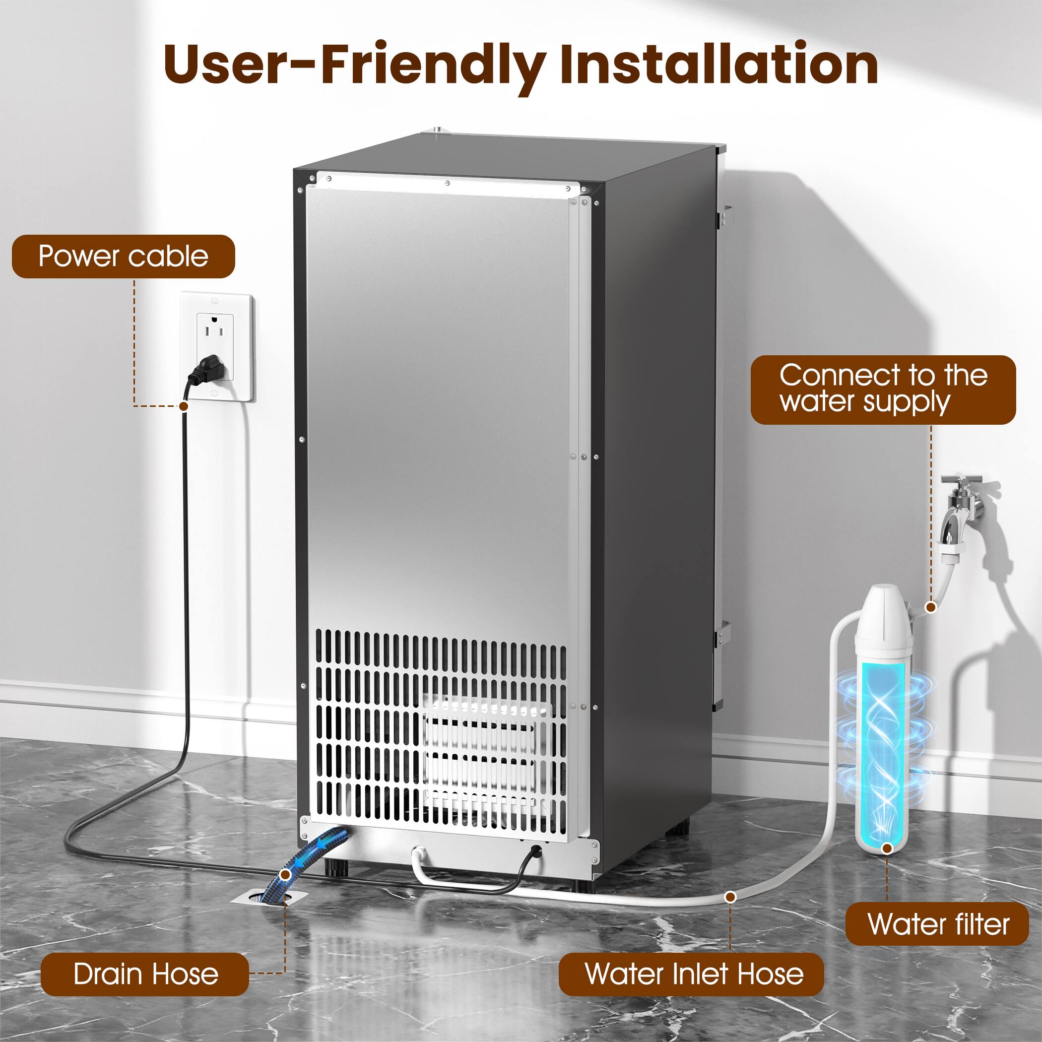 User-Friendly Installation

- Power cable
- Connect to the water supply
- Water filter
- Drain Hose
- Water Inlet Hose
