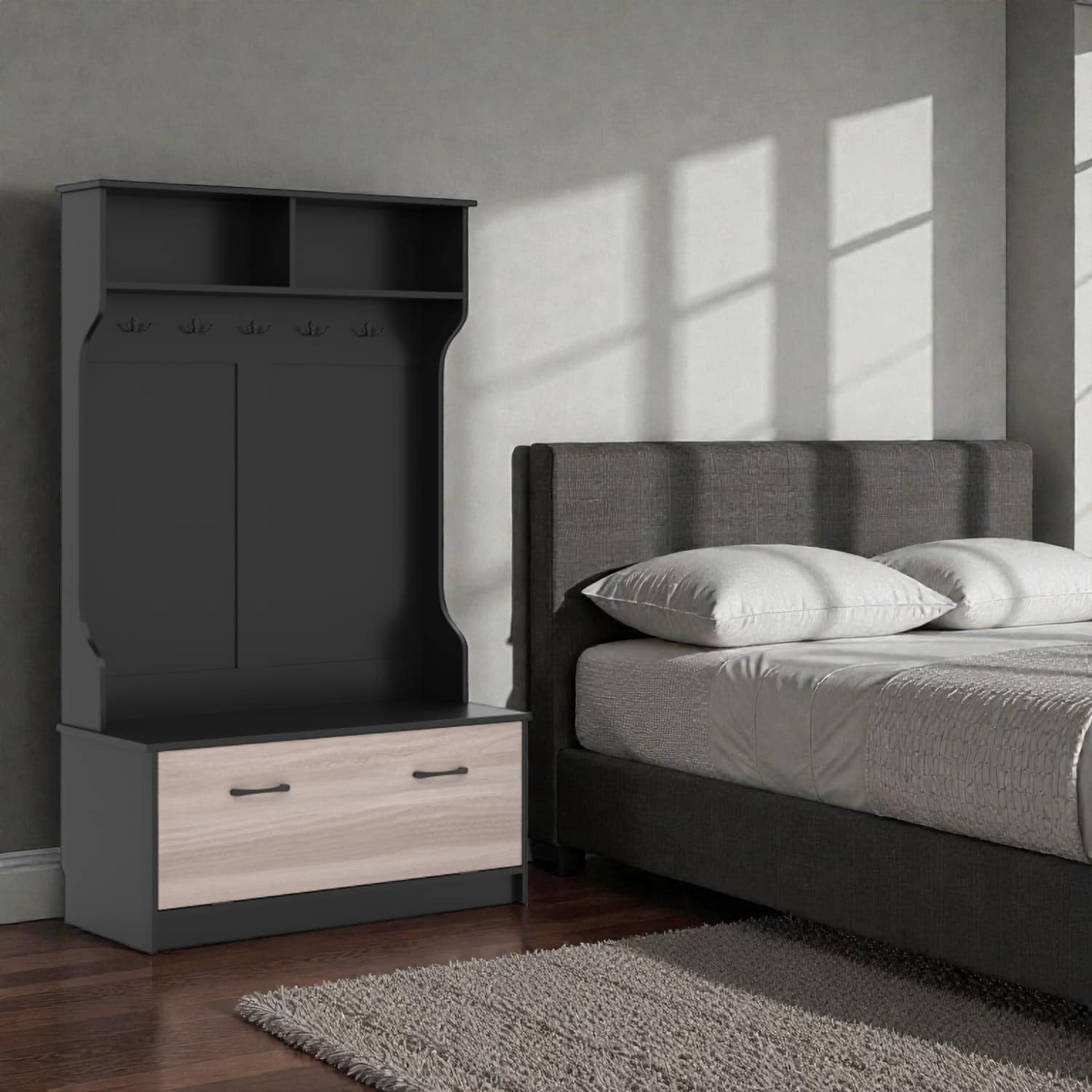 Hivvago - Multifunctional Hall Tree with Coat Rack, Storage Bench, and Cabinet - Black