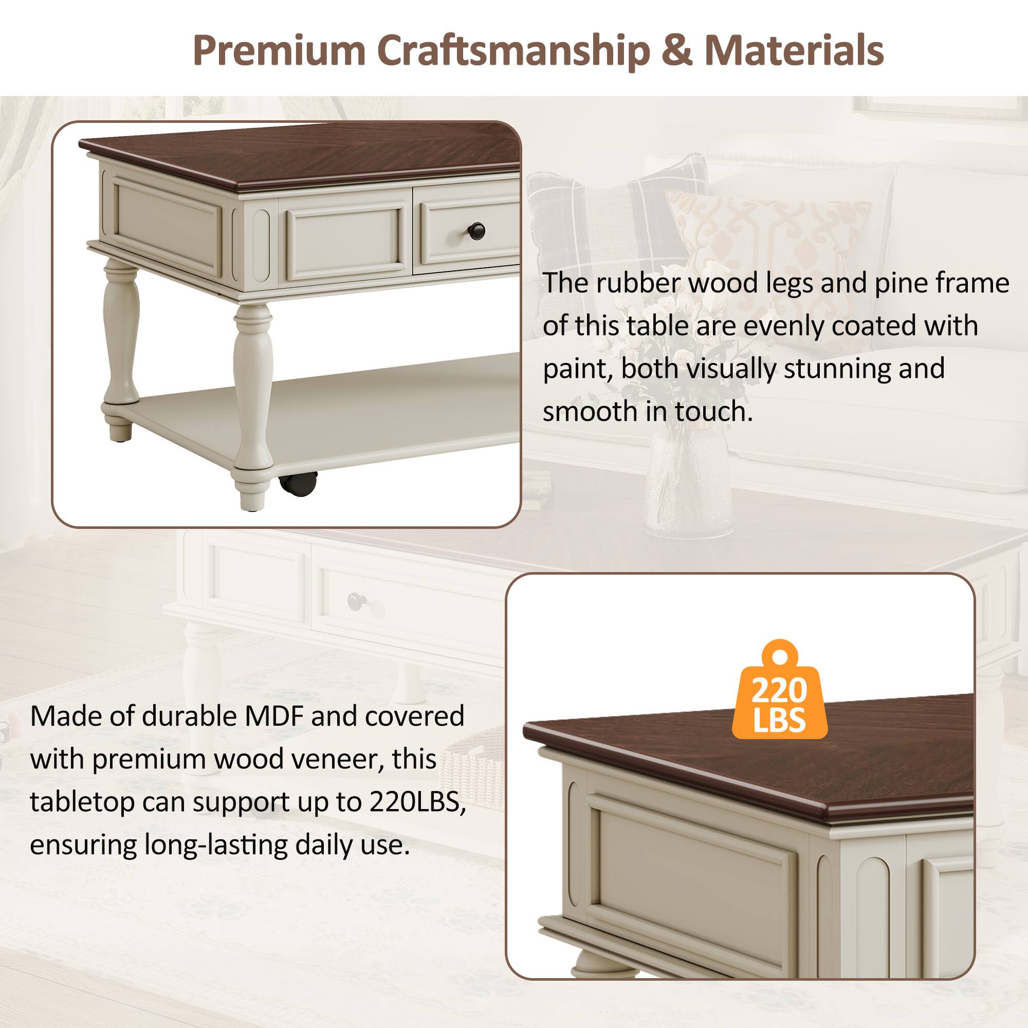 Premium Craftsmanship & Materials

The rubber wood legs and pine frame of this table are evenly coated with paint, both visually stunning and smooth in touch.

Made of durable MDF and covered with premium wood veneer, this tabletop can support up to 220LBS, ensuring long-lasting daily use.